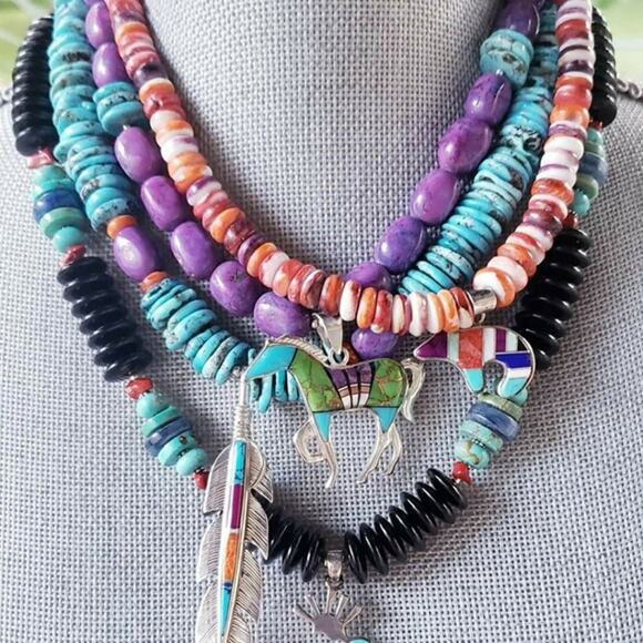 Artisan Southwestern Turquoise Necklace Sterling Silver Feather 18" - Picture 5 of 5